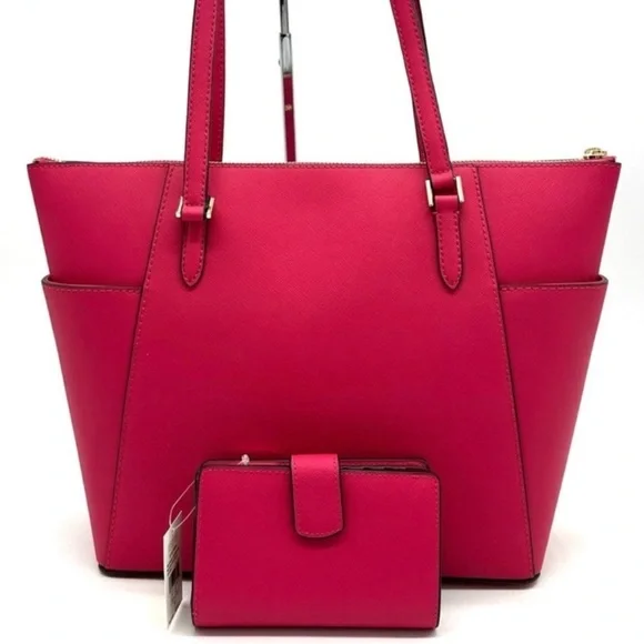 Michael Kors Large Charlotte Tote Bag & MD Bifold Zip Chain Wallet Electric Pink - Picture 5 of 14